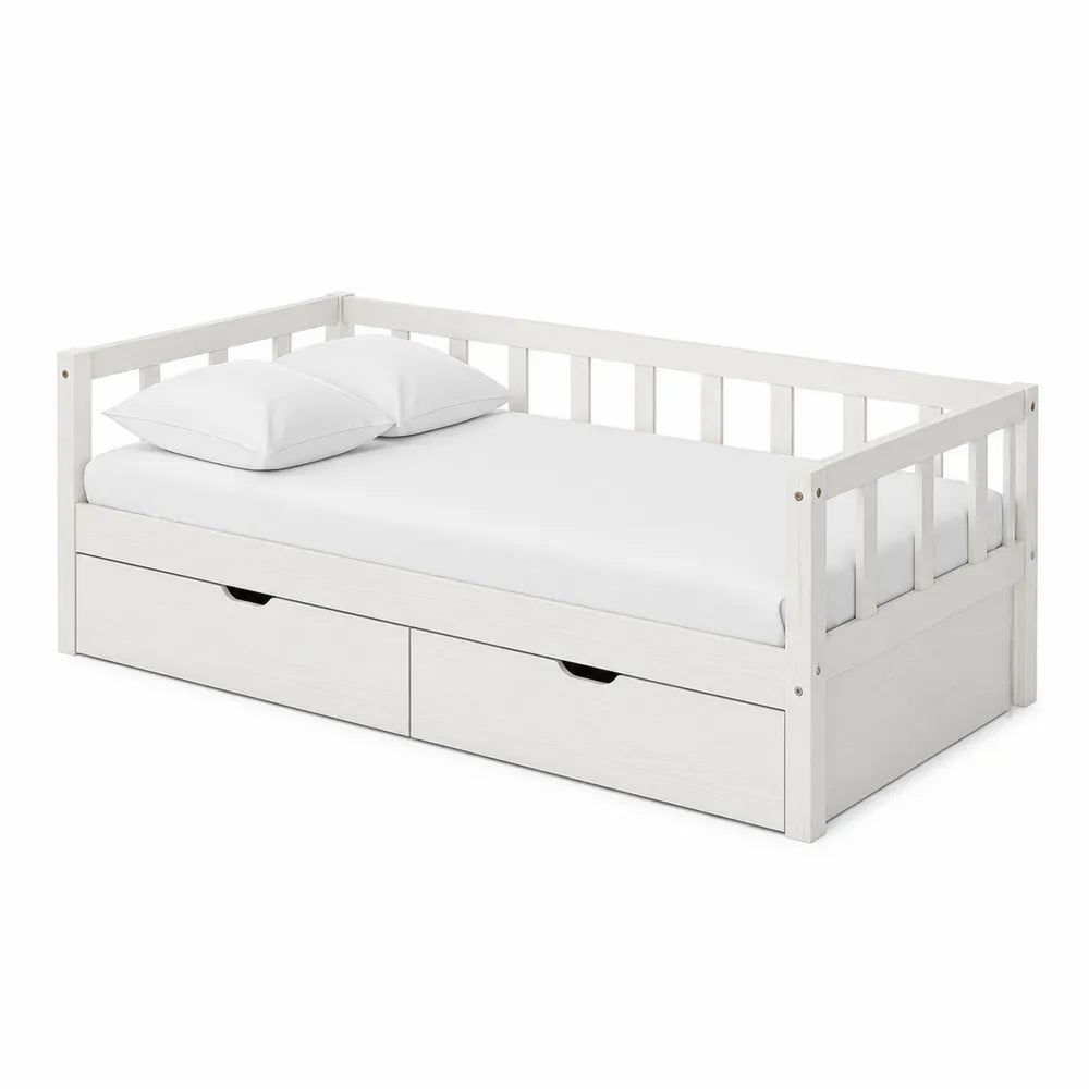 Letto singolo in legno bianco con cassetti e cuscini 200x90 cm