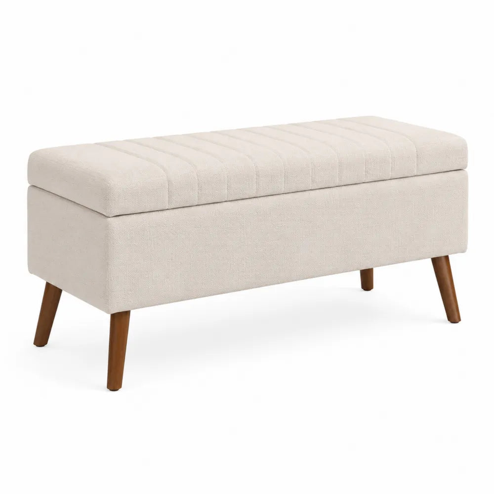 Panca contenitore in tessuto beige con gambe in legno di faggio