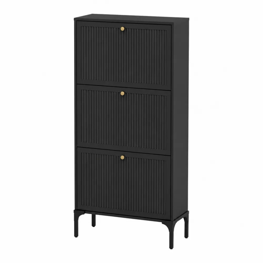 Scarpiera Verticale in Legno MDF con 3 Scomparti a Ribalta Nero
