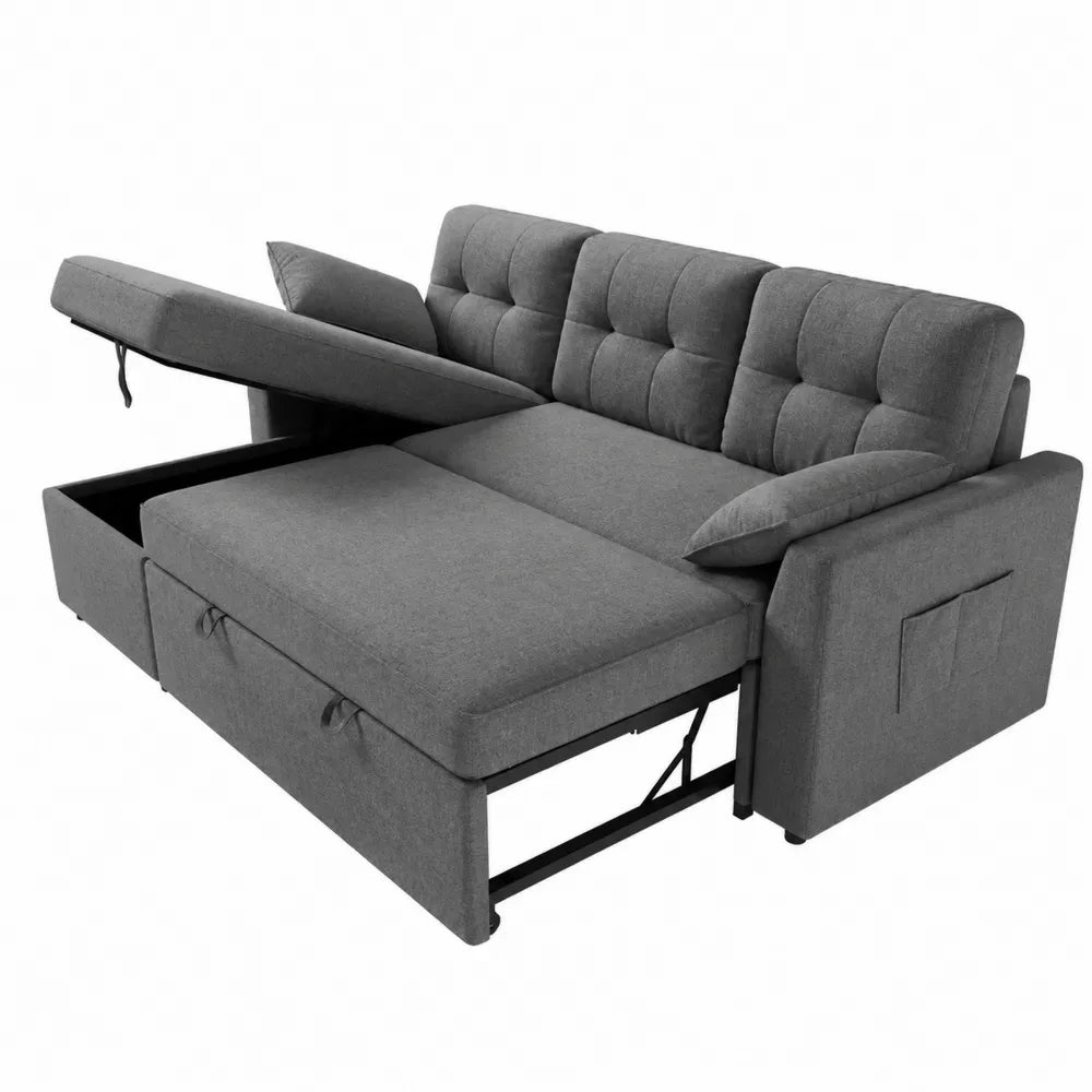 Divano letto angolare in tessuto grigio con contenitore e cuscini