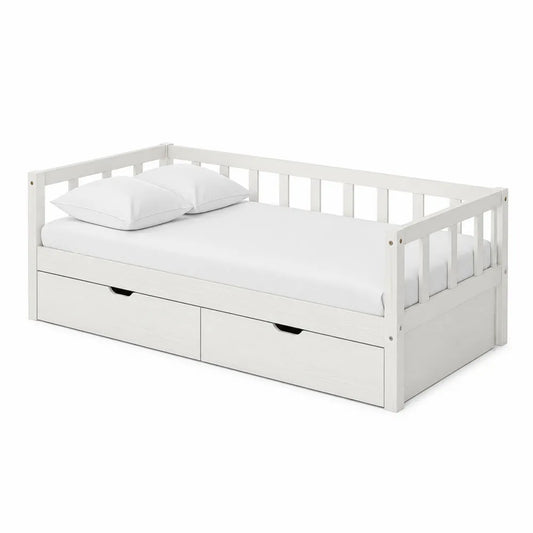 Letto singolo in legno bianco con cassetti e cuscini 200x90 cm