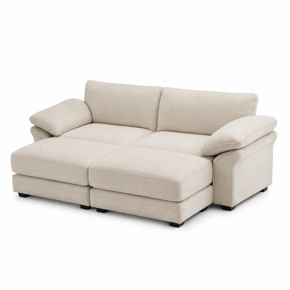 Divano modulare beige in tessuto e legno con cuscini in schiuma