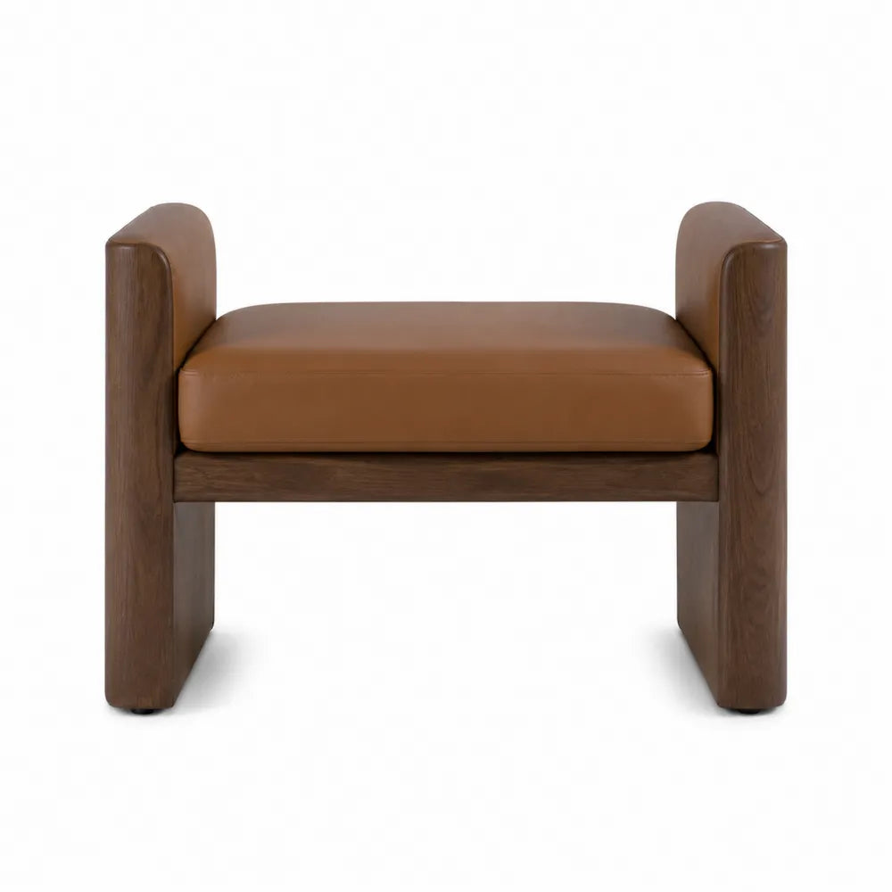 Panca in legno e pelle marrone, 100x40x50 cm