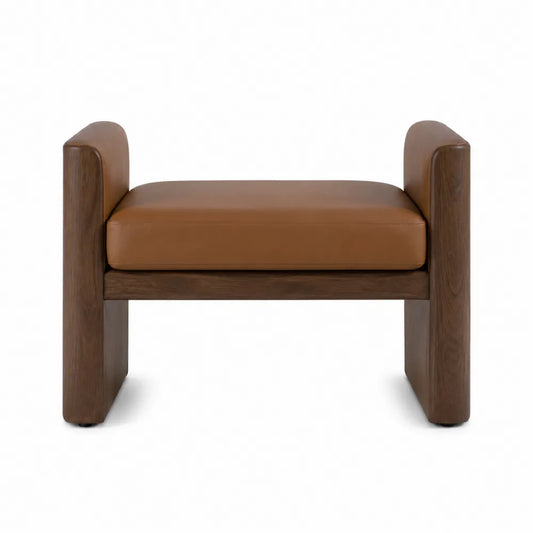 Panca in legno e pelle marrone, 100x40x50 cm