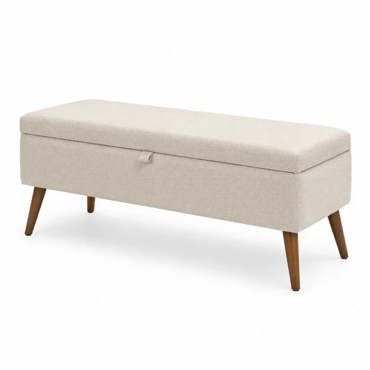 Panca in tessuto beige con gambe in legno e contenitore interno