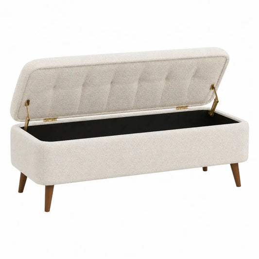 Panca contenitore in tessuto con gambe in legno, crema