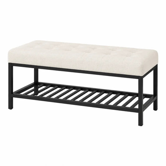 Panca in metallo e tessuto beige con scaffale inferiore